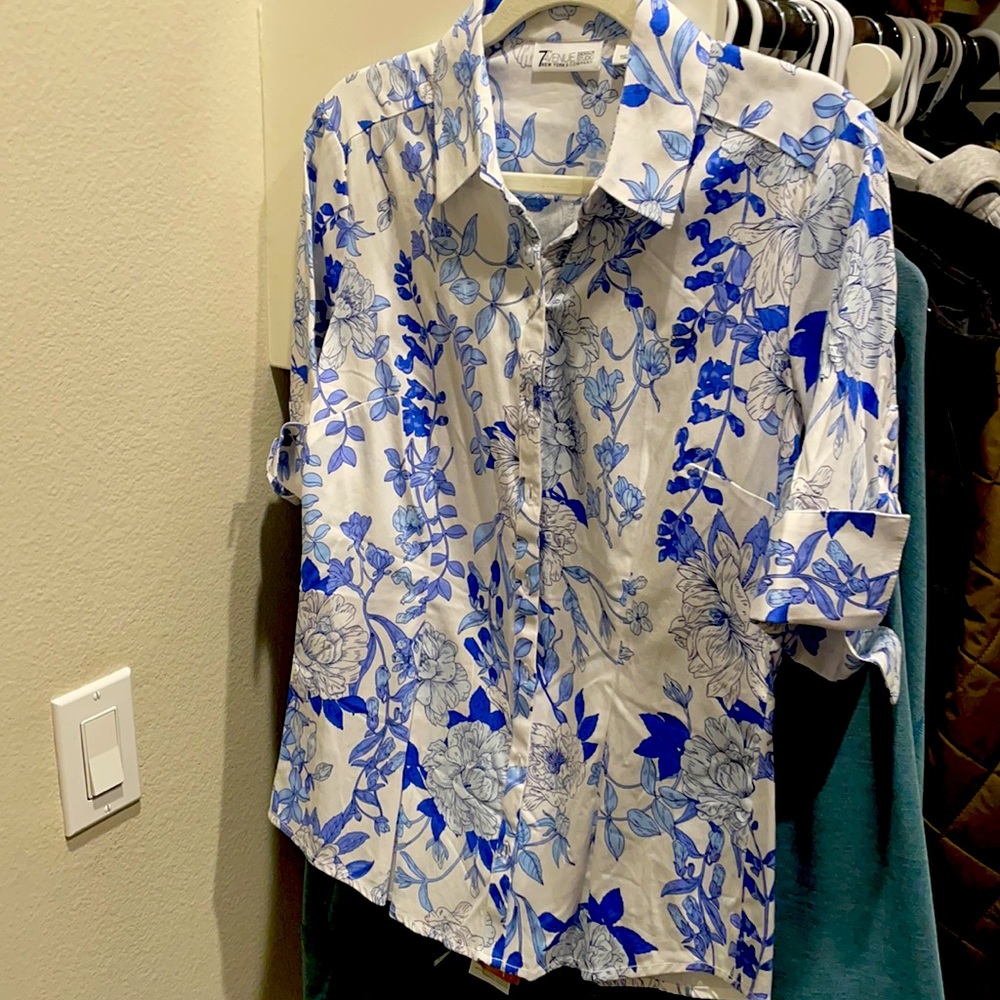 White shirt with blue flowers